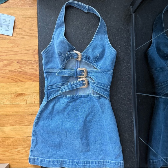 Commense Blue Denim Halter Dress with Buckle Accents - Picture 4 of 6